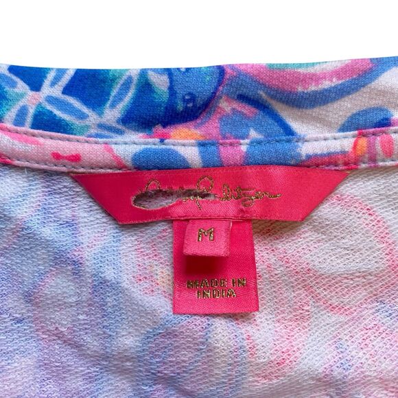 Lilly Pulitzer Jansen Sweatshirt M Pink Blue Puff Sleeve Resort Coastal Cruise - Picture 5 of 7